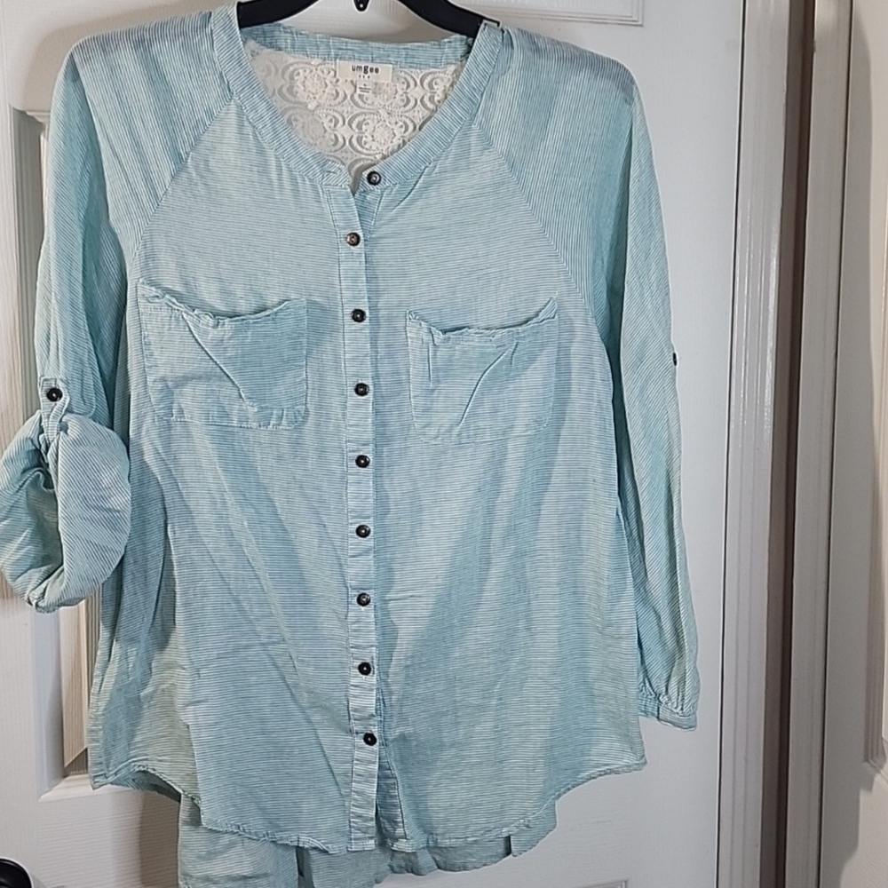 Umgee Blue Button Down Shirt with Mandarin Collar and Relaxed Fit